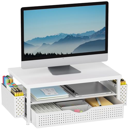 gianotter Wood Monitor Stand Riser Office Desk Shelf Organizer Desk Organizer with Drawer and Pen Holder 2Tier Computer Stand Office Organization Matte White - Image 1