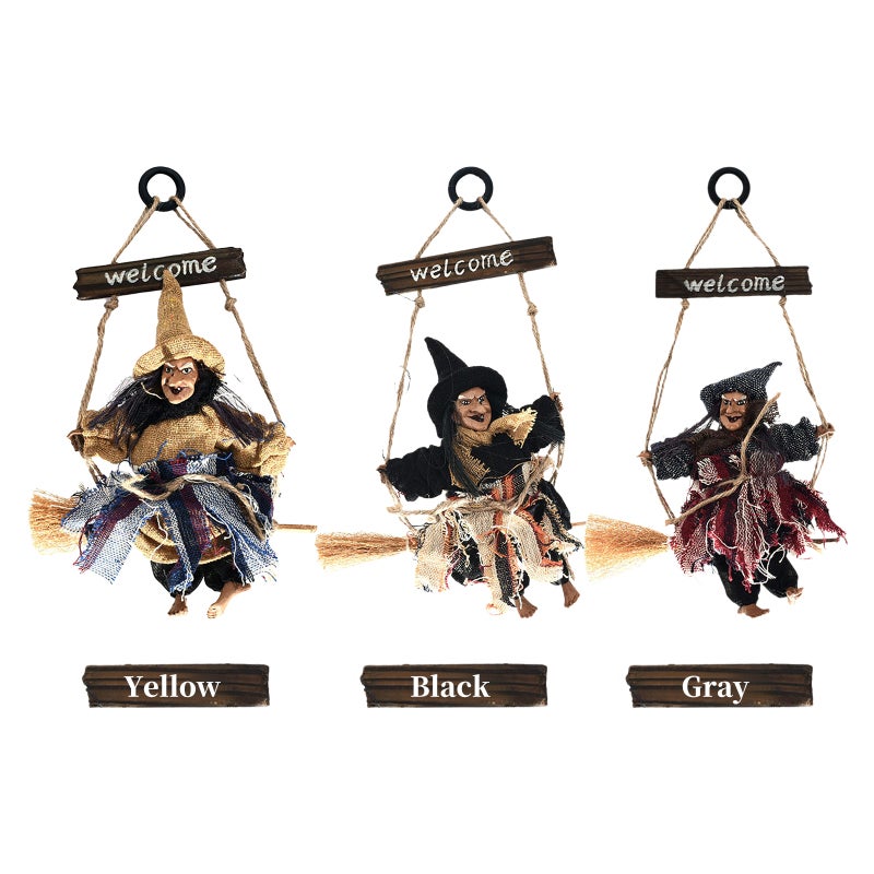 Halloween Hanging Witch Decoration Grey Witch on Broomstick Made of Retro Plastic and Cloth - Lightweight Durable Design - Flying Witch for Tree Bar Club Haunted House - Image 2