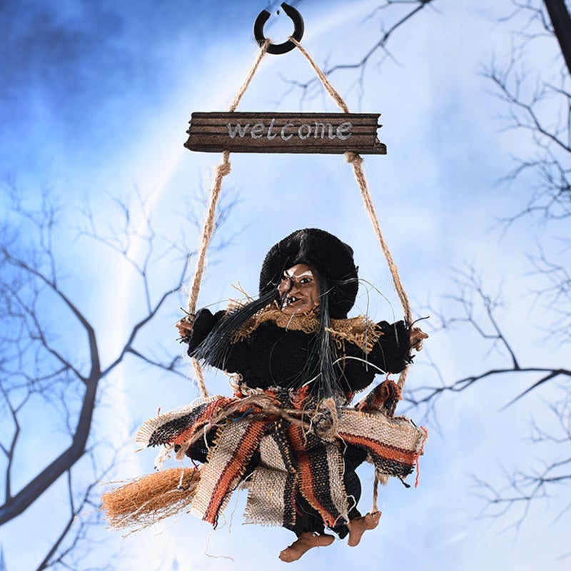 Halloween Hanging Witch Decoration Grey Witch on Broomstick Made of Retro Plastic and Cloth - Lightweight Durable Design - Flying Witch for Tree Bar Club Haunted House - Image 4