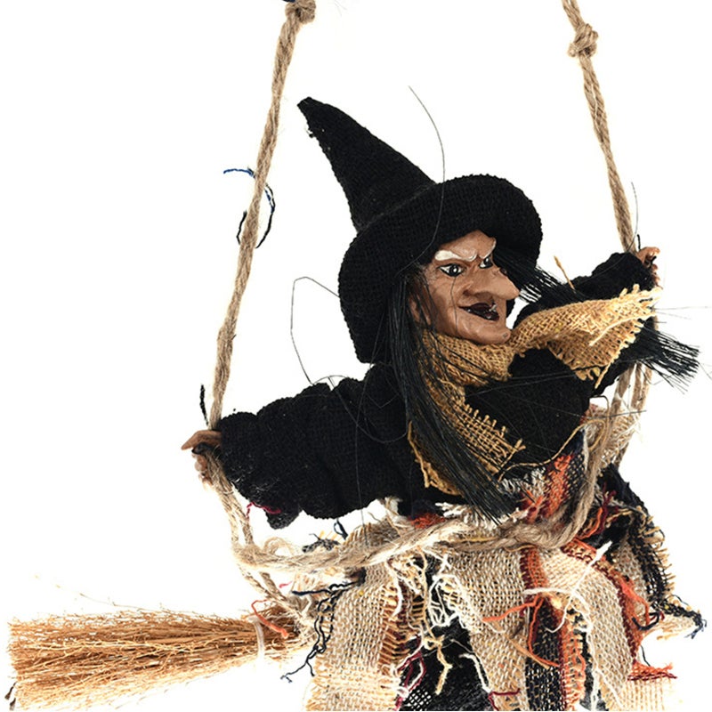 Halloween Hanging Witch Decoration Grey Witch on Broomstick Made of Retro Plastic and Cloth - Lightweight Durable Design - Flying Witch for Tree Bar Club Haunted House - Image 5