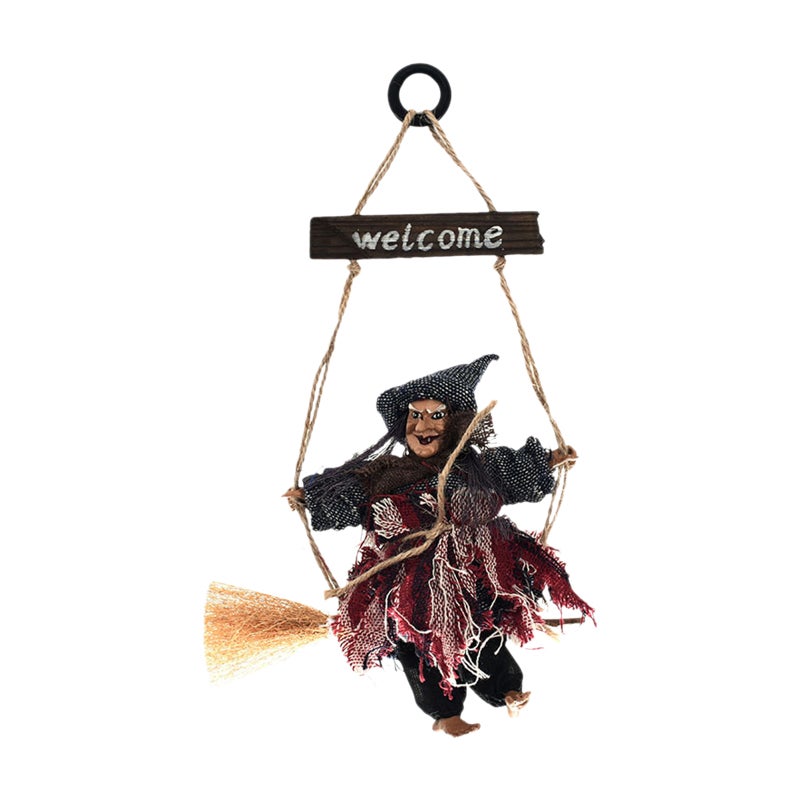Halloween Hanging Witch Decoration Grey Witch on Broomstick Made of Retro Plastic and Cloth - Lightweight Durable Design - Flying Witch for Tree Bar Club Haunted House - Image 1