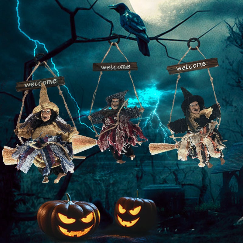 Halloween Hanging Witch Decoration Grey Witch on Broomstick Made of Retro Plastic and Cloth - Lightweight Durable Design - Flying Witch for Tree Bar Club Haunted House - Image 3