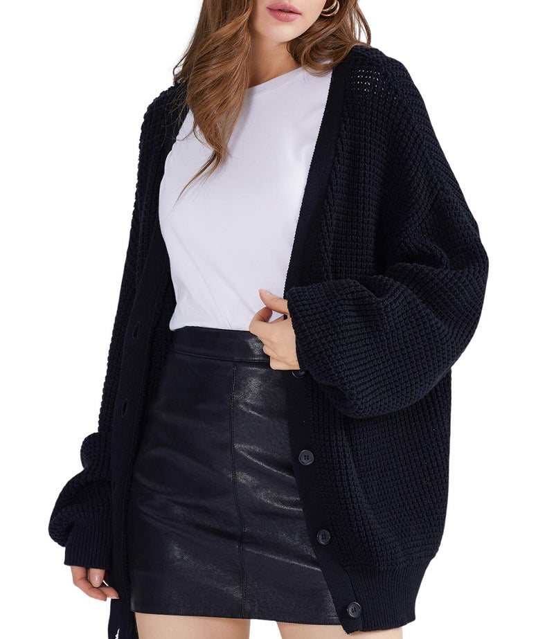 QUALFORT Cardigan Sweaters for Women 100% Cotton Button-Down Oversized Knit Outerwear Fall Tops for Women 2025 Black Small - Image 1