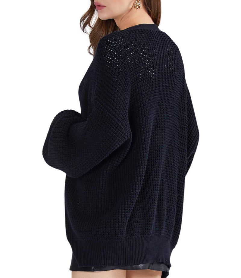 QUALFORT Cardigan Sweaters for Women 100% Cotton Button-Down Oversized Knit Outerwear Fall Tops for Women 2025 Black Small - Image 3