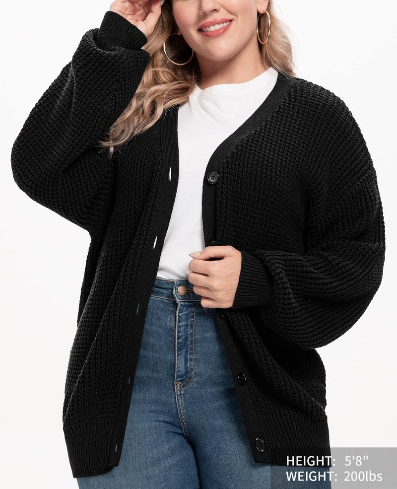 QUALFORT Cardigan Sweaters for Women 100% Cotton Button-Down Oversized Knit Outerwear Fall Tops for Women 2025 Black Small - Image 4