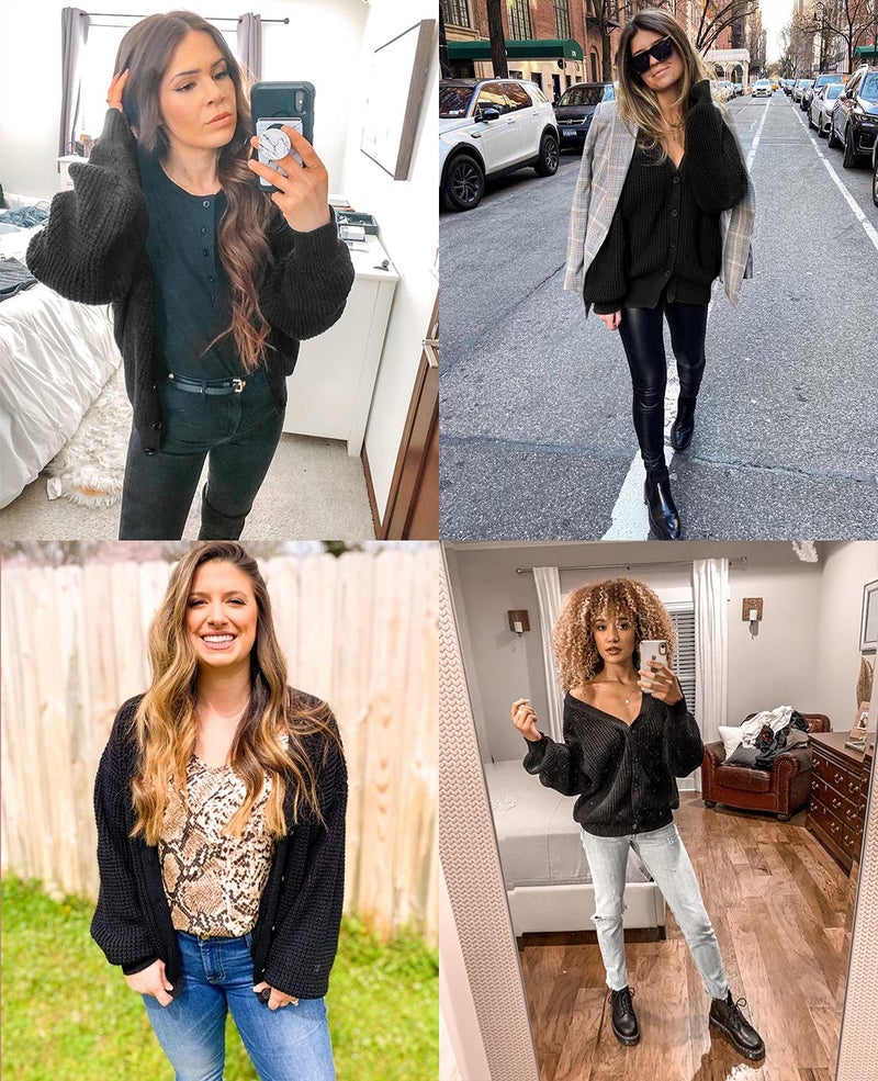 QUALFORT Cardigan Sweaters for Women 100% Cotton Button-Down Oversized Knit Outerwear Fall Tops for Women 2025 Black Small - Image 2