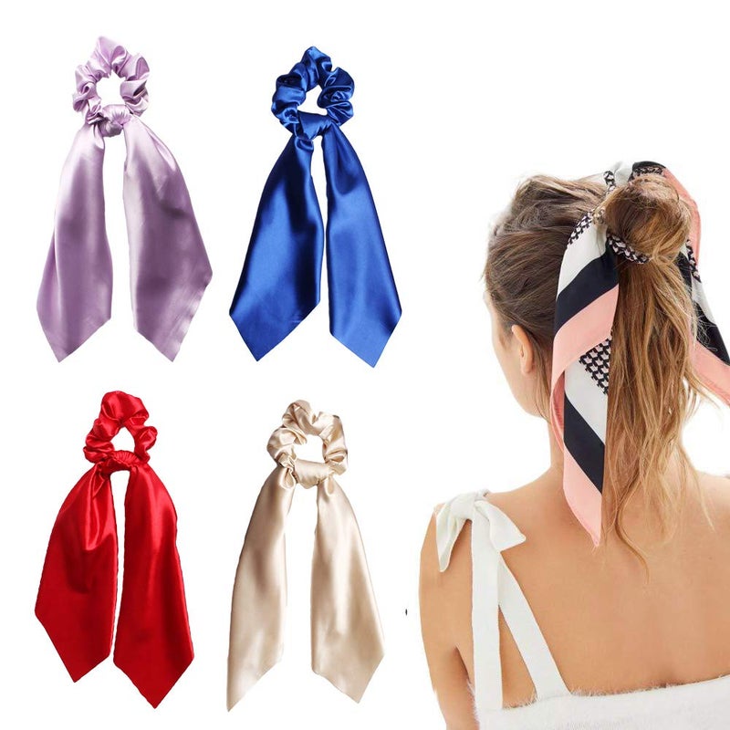 6Pcs Ribbon Scrunchie For WomanSolid Colors Elastic Hair Bands Hair ScarfBow Hair TieVintage Hair Accessories Ropes Ponytail Holder Scrunchy Ties for Women Girls 4 Colors Pack C