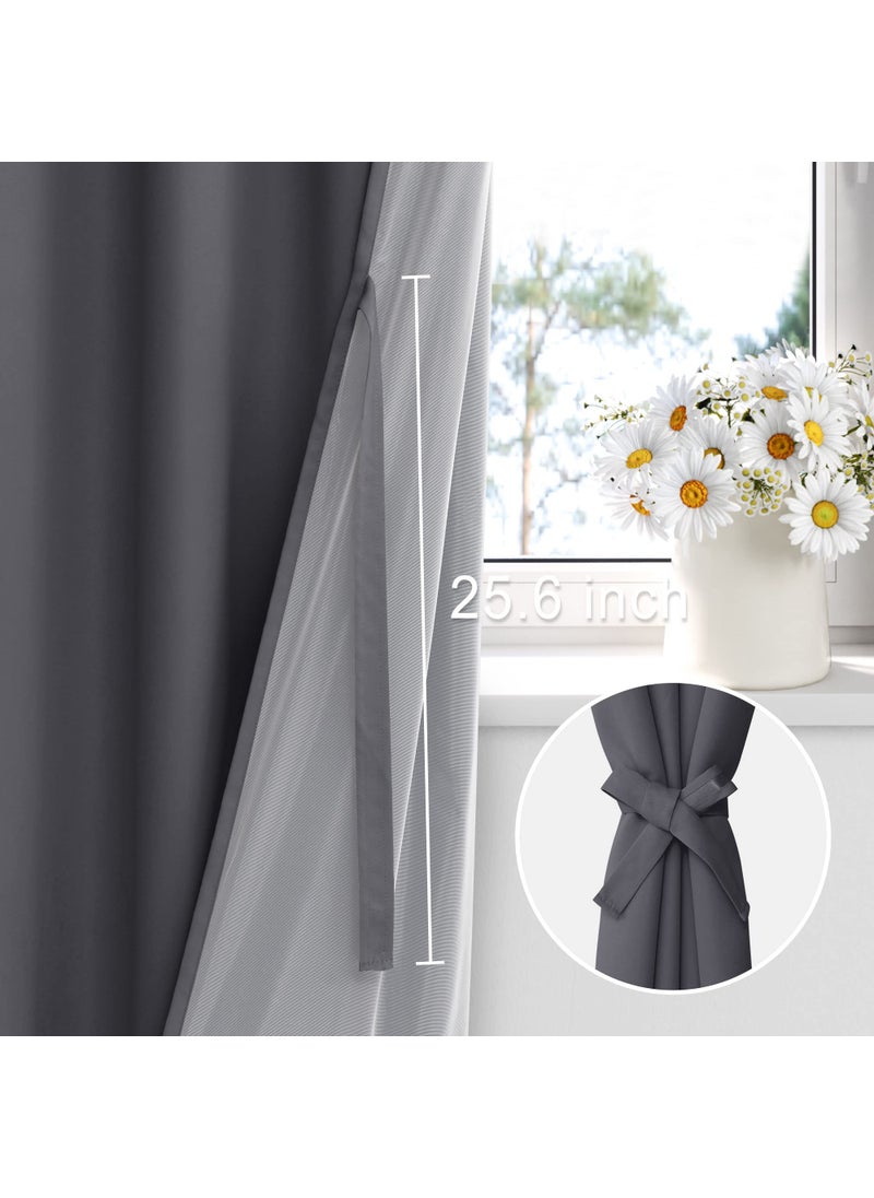 XWZO Full Shading Blackout Curtains 72 Inches Length - Heat and Light Blocking Ring Top Window Drapes with Black Liner Backing for Bedroom Sewn with Tiebacks  Dark Grey  W52 x L72  Set of 2