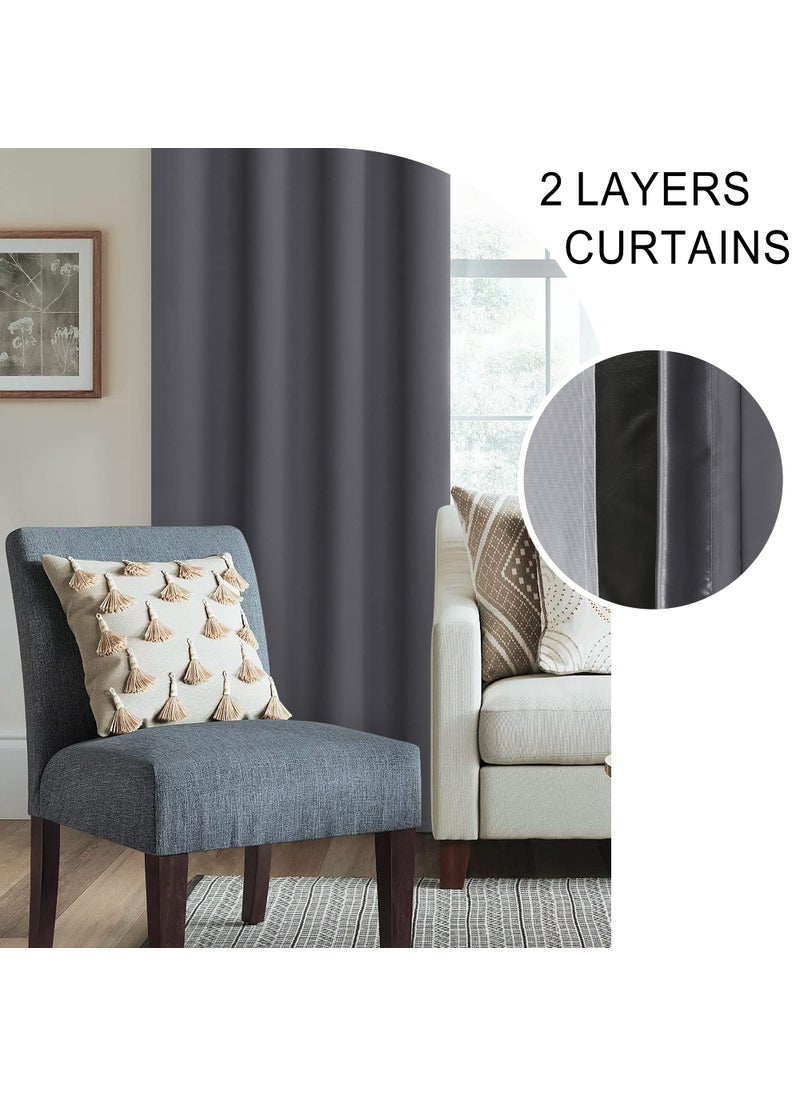 XWZO Full Shading Blackout Curtains 72 Inches Length - Heat and Light Blocking Ring Top Window Drapes with Black Liner Backing for Bedroom Sewn with Tiebacks  Dark Grey  W52 x L72  Set of 2