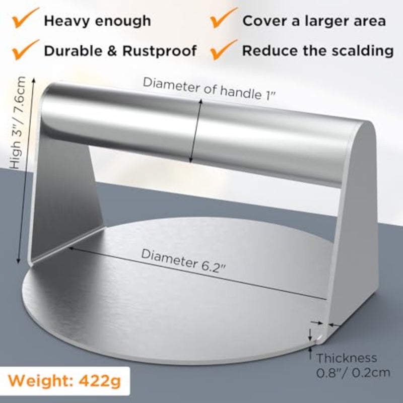 Stainless Steel Burger Press for Griddle Cooking, Silver, Non-Stick Smooth Flat Bottom Without Ridges, Ideal for Burgers and Bacon - Image 3