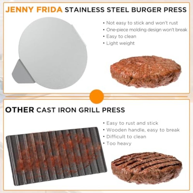 Stainless Steel Burger Press for Griddle Cooking, Silver, Non-Stick Smooth Flat Bottom Without Ridges, Ideal for Burgers and Bacon - Image 2