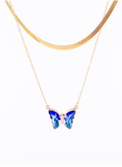 Stainless Steel Necklace 2 Layers skin Back with a Blue Butterfly Pendant