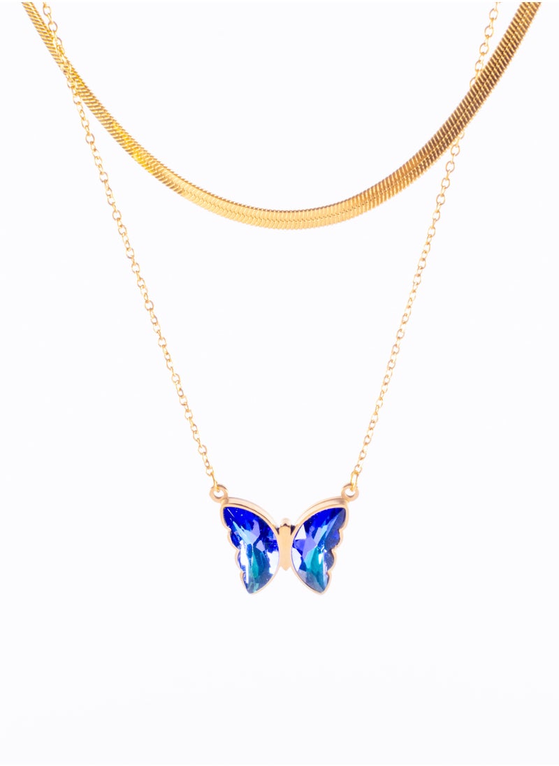 The Black Pearl Accessories - Stainless Steel Necklace 2 Layers skin Back with a Blue Butterfly Pendant - Image 1