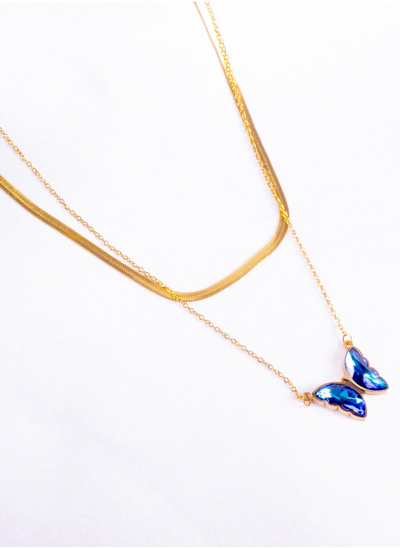 The Black Pearl Accessories - Stainless Steel Necklace 2 Layers skin Back with a Blue Butterfly Pendant - Image 1