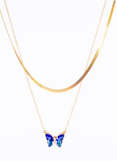 The Black Pearl Accessories Stainless Steel Necklace 2 Layers skin Back with a Blue Butterfly Pendant  - Image 2