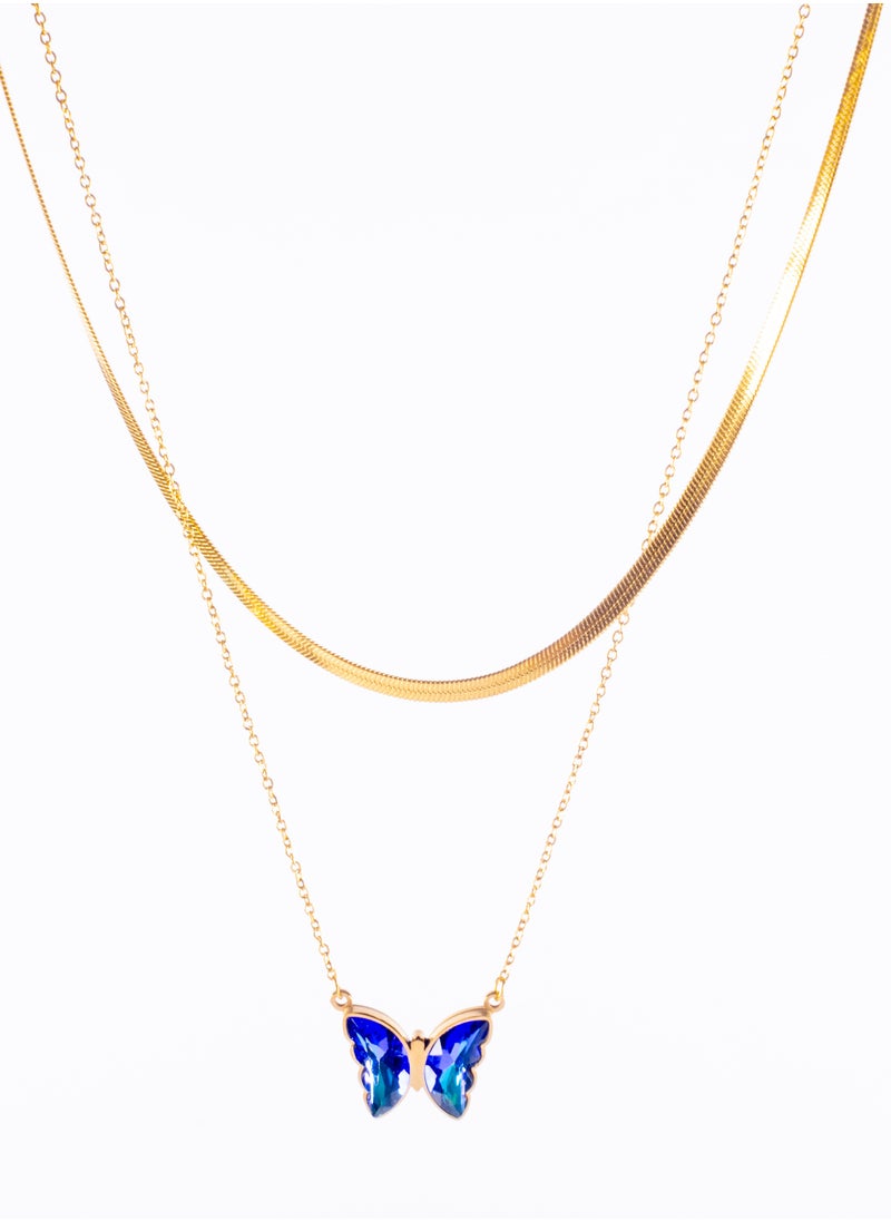 The Black Pearl Accessories - Stainless Steel Necklace 2 Layers skin Back with a Blue Butterfly Pendant - Image 1