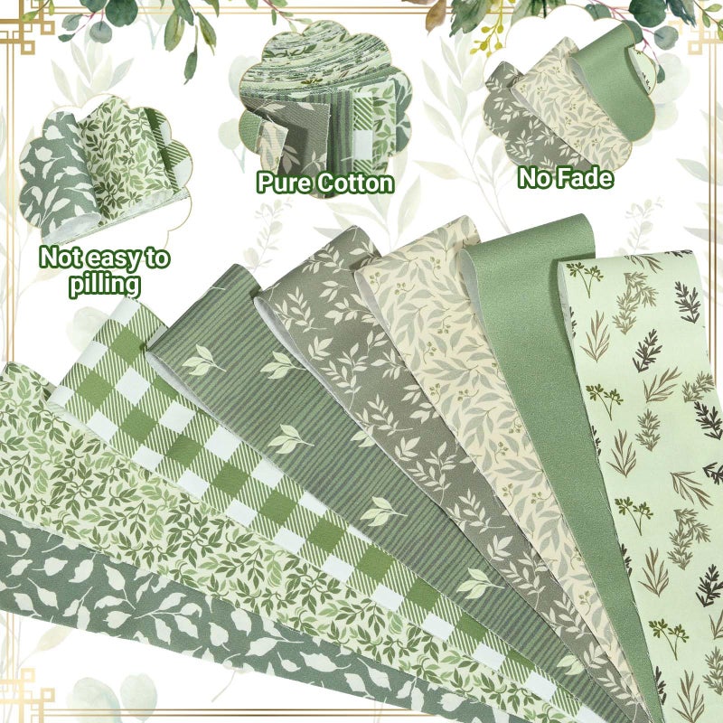 Bolsome 40 Pcs Sage Green Floral Cotton Jelly Fabric Strips Spring Sage Leaves Fabric Strips for Quilting Crafting Precut Patchwork for Gift Sewing DIY Crafts - Image 3