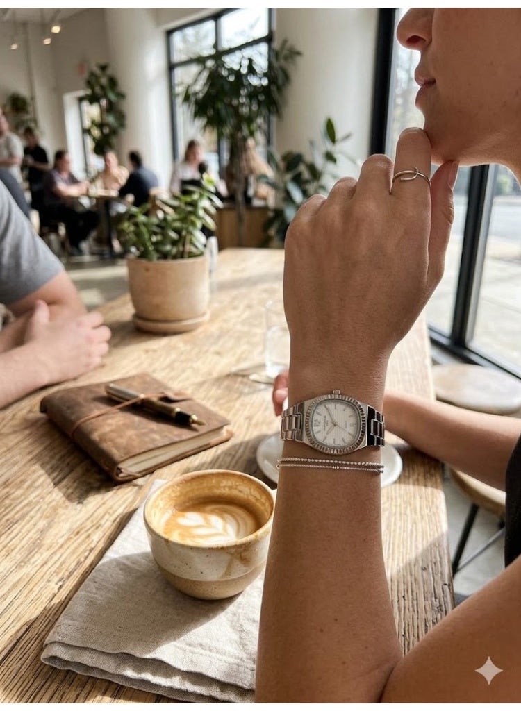 بديك ساعة نسائية فاخرة من Patek من الستانلس ستيل بقرص أبيض مضلع - Image 2