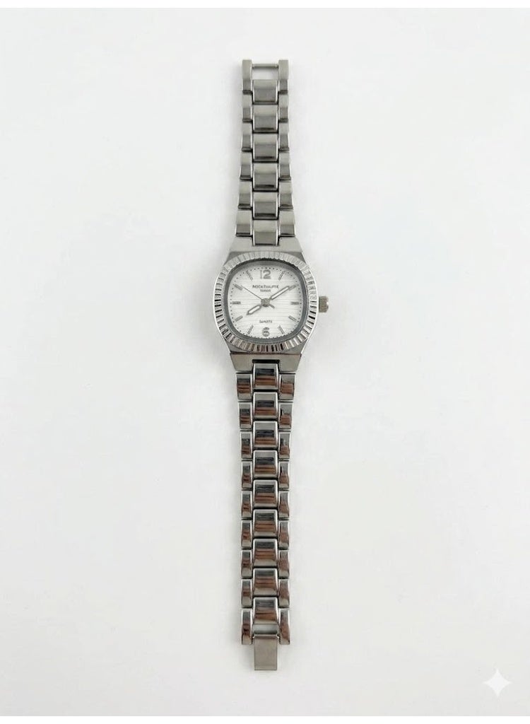 بديك ساعة نسائية فاخرة من Patek من الستانلس ستيل بقرص أبيض مضلع - Image 1