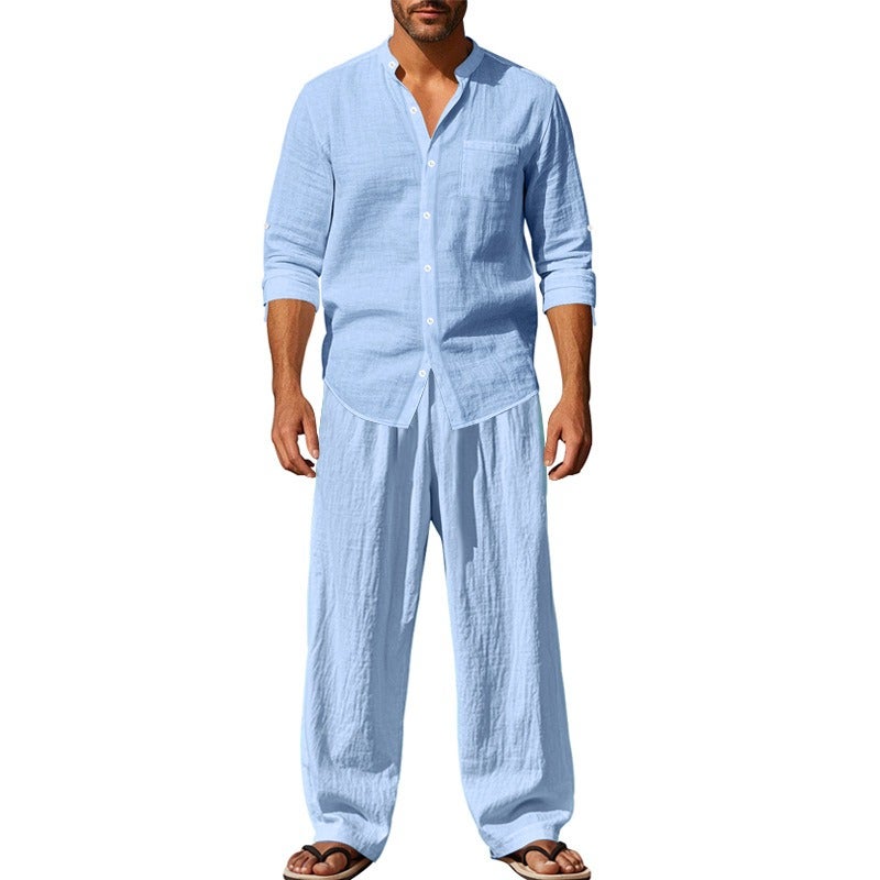 Cross-Border 2025 American-Style Four Seasons Linen Men's Casual Loose Breathable Long Sleeve Shirt and Pants Beach Set