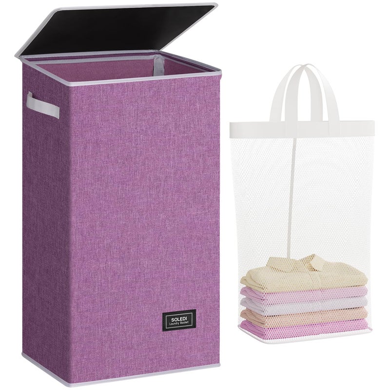 SOLEDI Laundry Hamper with Lid 100L Large Tall Collapsible Laundry Basket Clothes Hamper with Bag Removable Easy to Carry Dirty Hampers for Bedroom Bathroom Dorm College Purple - Image 2