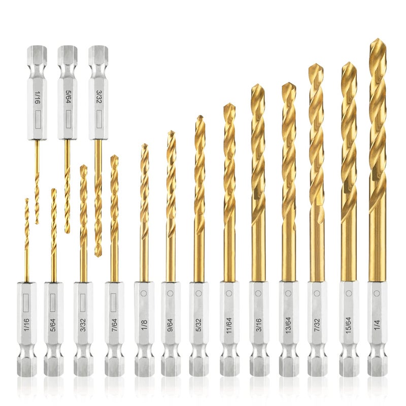 amoolo Hex Shank Drill Bit Set (13Pcs Set+3 Pcs Free), Premium 4341 HSS Titanium Impact Hex Drill Bits for Wood, Steel, Metal, Plastic, Quick Change Design (1/16 -1/4 ) - Image 1