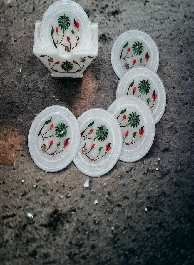 Pooja Creation Tea Coaster with Inlay Work, White Marble Handicarfts Item - Image 5