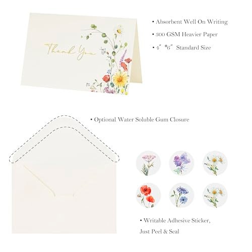 Crisky Thank You Cards 4 Assortment, Gold Foil Watercolor WildFlowers (50 Cards with Envelopes for Birthday, Baby Shower, Bridal Shower, Wedding, All Occasion) - Image 2