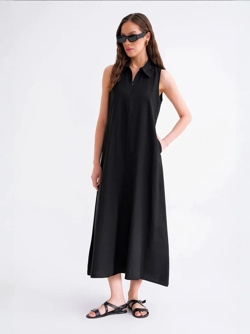 MixRay Mixray Zip-Front Shirt Collar Midi Dress