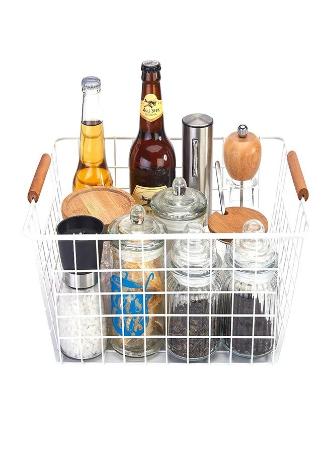LeleCAT Large white wire baskets with Wooden Handles for storage pantry, Storage Organizer Baskets, Household Refrigerator for Cabinets, Closets, Bedrooms, kitchen - Set of 3 White - Image 3