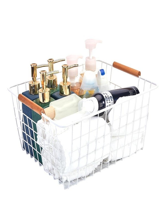 LeleCAT Large white wire baskets with Wooden Handles for storage pantry, Storage Organizer Baskets, Household Refrigerator for Cabinets, Closets, Bedrooms, kitchen - Set of 3 White - Image 4