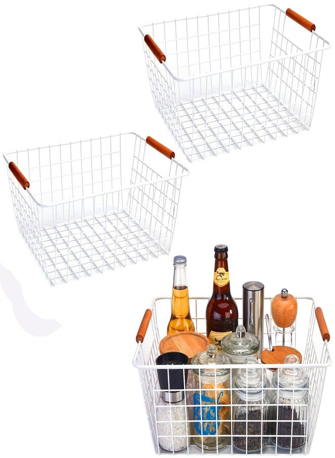 LeleCAT Large white wire baskets with Wooden Handles for storage pantry, Storage Organizer Baskets, Household Refrigerator for Cabinets, Closets, Bedrooms, kitchen - Set of 3 White - Image 1