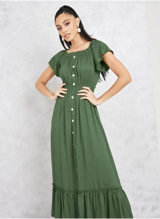 Styli Button Detail Off Shoulder Midi Dress