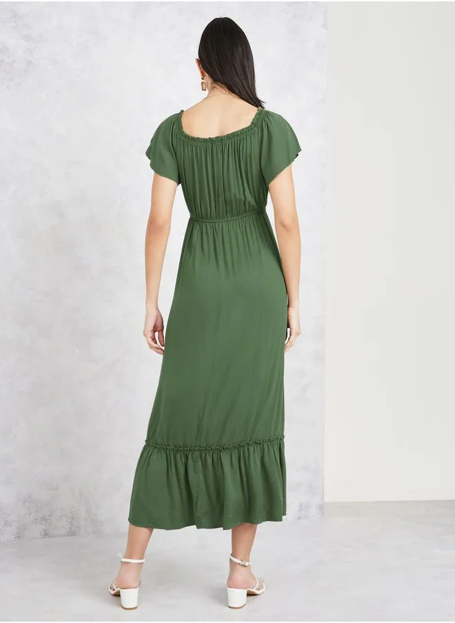 Styli Button Detail Off Shoulder Midi Dress