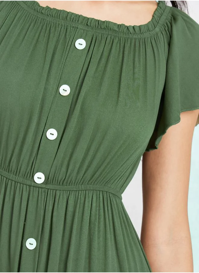 Styli Button Detail Off Shoulder Midi Dress