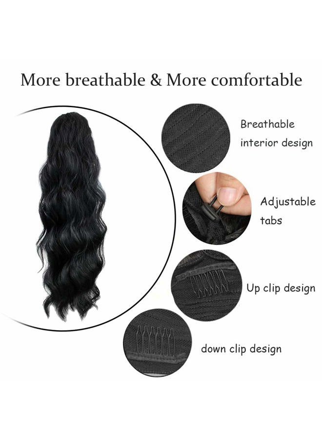 KETHBE 24 Inch Long Body Wave Ponytail hair Extension Synthetic Heat Resistant Wrap Around Drawstring Curly Wavy Ponytail Hairpieces for Women(Black)  - Image 5