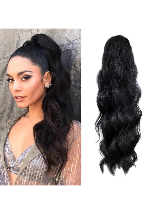 KETHBE 24 Inch Long Body Wave Ponytail hair Extension Synthetic Heat Resistant Wrap Around Drawstring Curly Wavy Ponytail Hairpieces for Women(Black)  - Image 1