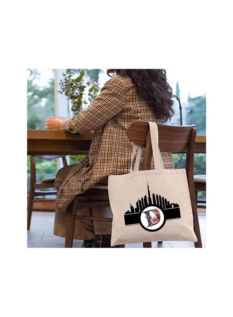 PRINTSHOP4ME Initial Monogram Cotton Tote Bag With Dubai Skyline Theme - Image 3