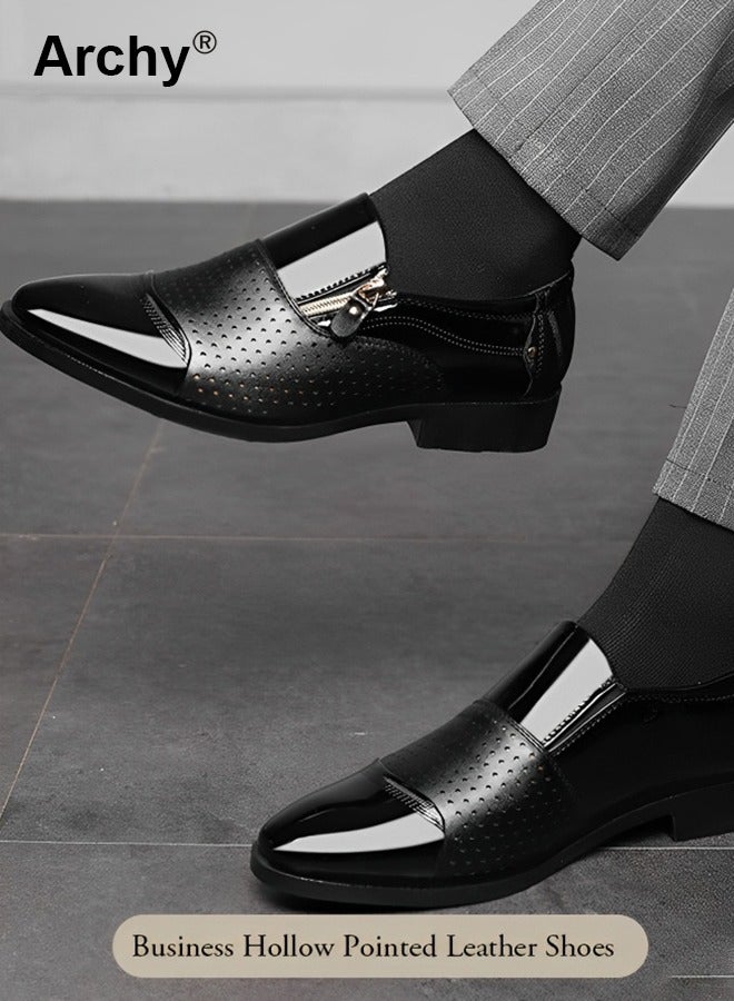 Archy Men Leather Shoes Pointed Toe Low Heel Zipper Hollow Breathable Leisure Wide Toe Box Dress Shoes for Men Men's Business Casual Shoes Wingtip Fashion Summer and Autumn New Fashion Dress Shoes Pointed Toe and Patent Leather Men Leather Shoes Low Heel Zipper  - Image 1