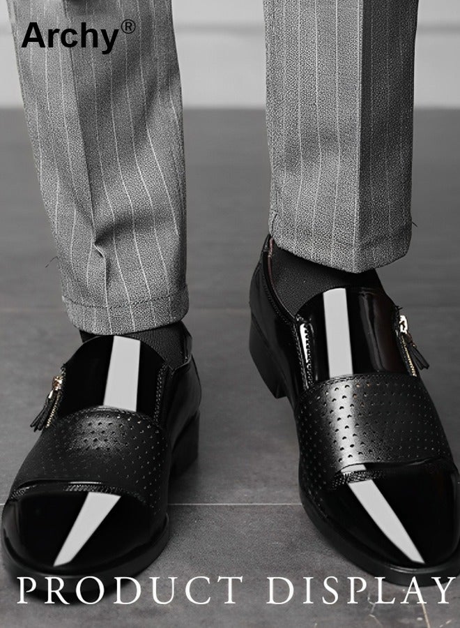 Archy Men Leather Shoes Pointed Toe Low Heel Zipper Hollow Breathable Leisure Wide Toe Box Dress Shoes for Men Men's Business Casual Shoes Wingtip Fashion Summer and Autumn New Fashion Dress Shoes Pointed Toe and Patent Leather Men Leather Shoes Low Heel Zipper  - Image 2