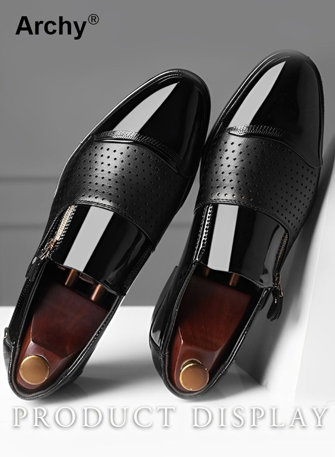 Archy Men Leather Shoes Pointed Toe Low Heel Zipper Hollow Breathable Leisure Wide Toe Box Dress Shoes for Men Men's Business Casual Shoes Wingtip Fashion Summer and Autumn New Fashion Dress Shoes Pointed Toe and Patent Leather Men Leather Shoes Low Heel Zipper  - Image 3