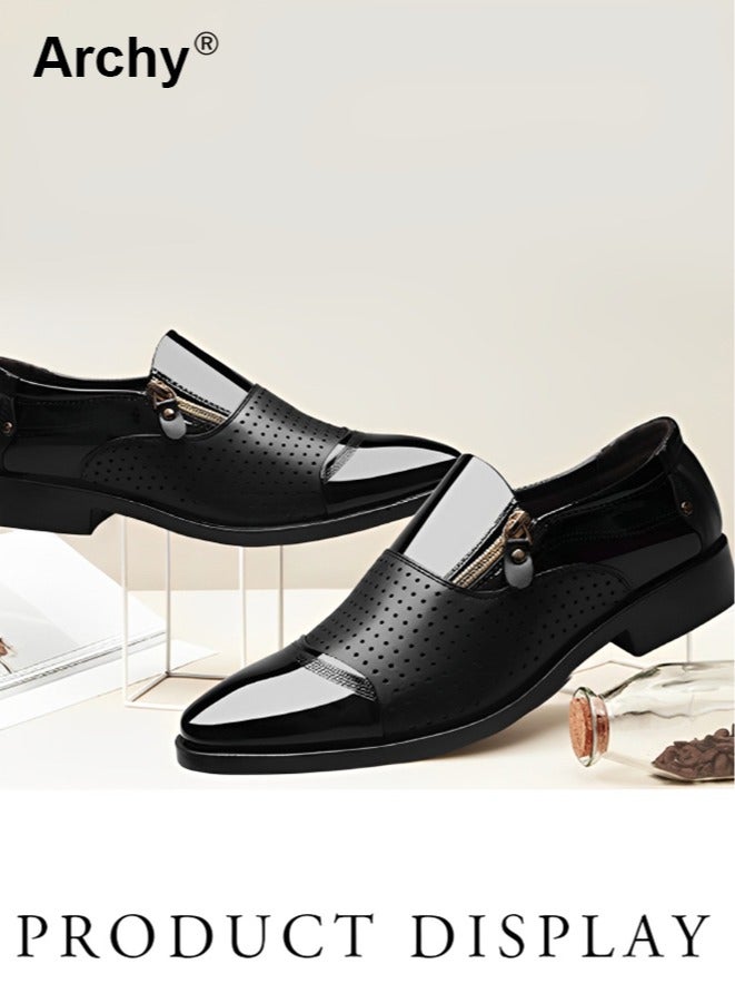 Archy Men Leather Shoes Pointed Toe Low Heel Zipper Hollow Breathable Leisure Wide Toe Box Dress Shoes for Men Men's Business Casual Shoes Wingtip Fashion Summer and Autumn New Fashion Dress Shoes Pointed Toe and Patent Leather Men Leather Shoes Low Heel Zipper  - Image 4
