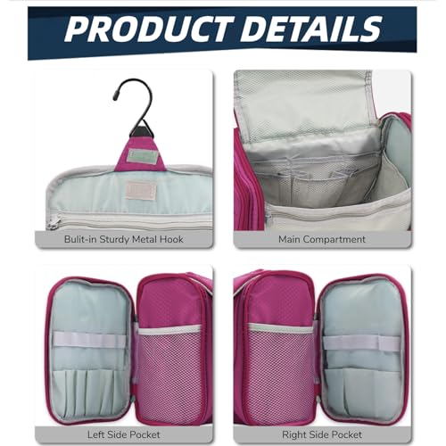 Buruis Large Capacity Waterproof Toiletry Bag for Women, Hanging Toiletry Organizer, 11"x 6.2"x 8.8", Fushcia - Image 5