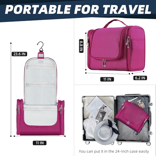 Buruis Large Capacity Waterproof Toiletry Bag for Women, Hanging Toiletry Organizer, 11"x 6.2"x 8.8", Fushcia - Image 3