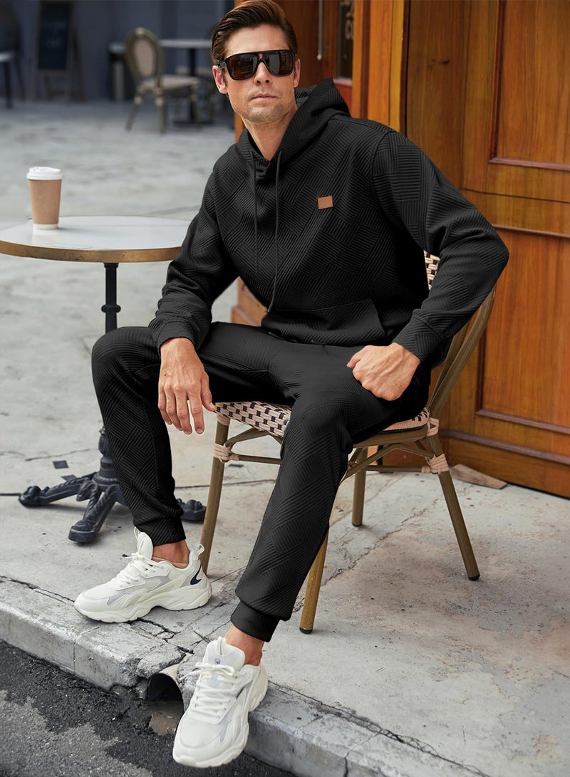 JMIERR Sweatsuits for Men Set 2 Piece Airport Outfits Jacquard Sweatsuits Long Sleeve Hoodie Sweatshirt & Joggers Sweatpants, Fall Tracksuit Matching Lounge Sets, Large, Black - Image 2