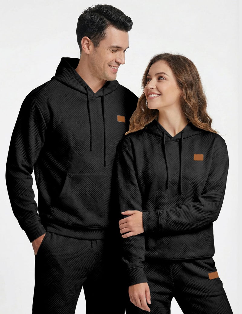 JMIERR Sweatsuits for Men Set 2 Piece Airport Outfits Jacquard Sweatsuits Long Sleeve Hoodie Sweatshirt & Joggers Sweatpants, Fall Tracksuit Matching Lounge Sets, Large, Black - Image 3