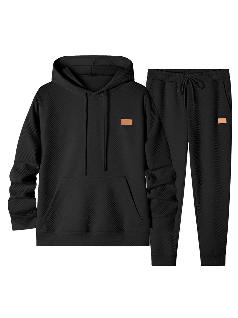 JMIERR Sweatsuits for Men Set 2 Piece Airport Outfits Jacquard Sweatsuits Long Sleeve Hoodie Sweatshirt & Joggers Sweatpants, Fall Tracksuit Matching Lounge Sets, Large, Black - Image 1