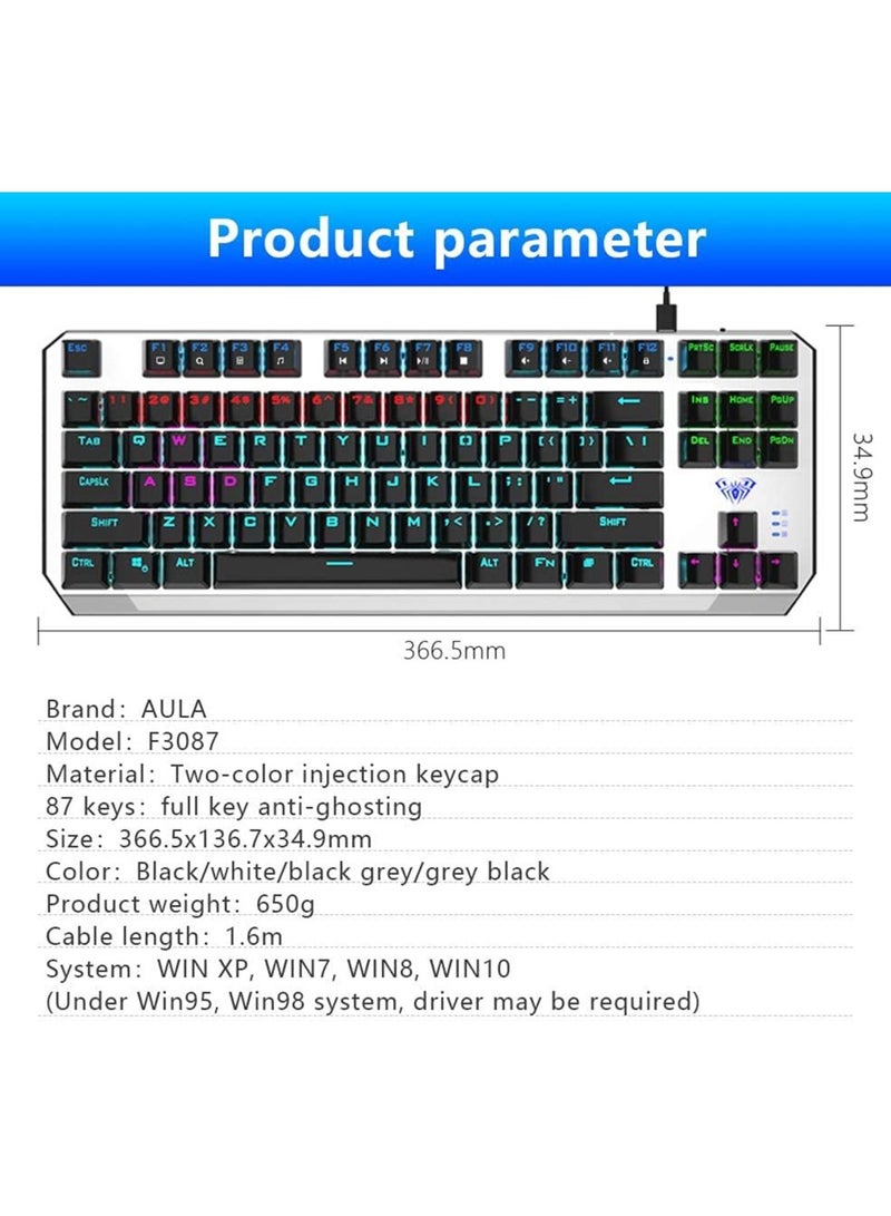 AULA F3087 Mechanical Gaming Keyboard with RGB Rainbow Backlit, ABS Keycaps, 87 Keys Anti-Ghosting Ergonomic USB Type-C Wired Computer Keyboards for Windows... - Image 3