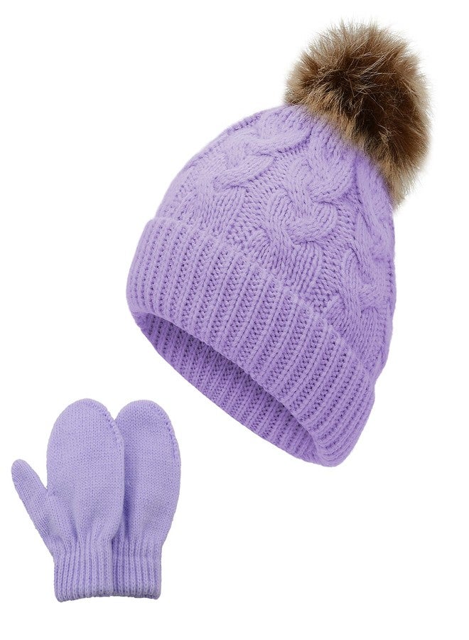 زاندو قبعة شتوية للأطفال من زاندو مزينة بكرة صوفية - قبعات شتوية محبوكة للأولاد والبنات، من عمر 4 إلى 8 سنوات، لون بنفسجي فاتح - Image 1