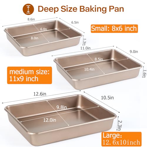 Barlket Deep Baking Pans Set, 3-Pieces Rectangle Cake Pan, Nonstick Roasting Pans Set for Thanksgiving Christmas, 9/11/13 Inch, Toaster Oven Tray Bakeware Set, Lasagna Pan Deep Size, Heavy Duty, Gold - Image 3